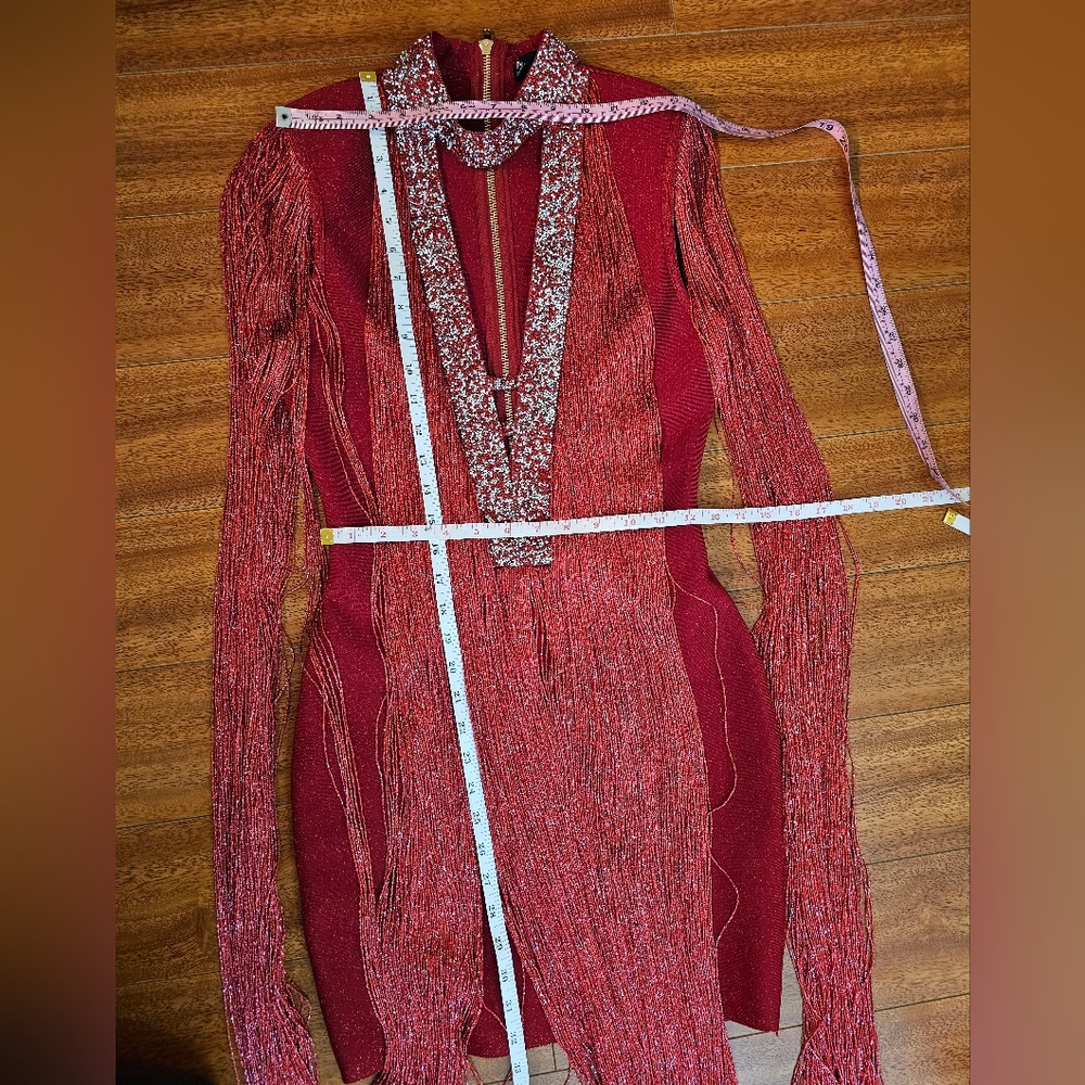 Anewsta Fringe Bodycon Evening Cocktail Dress Size S EU 36 US 4 Deep V Sparkle - Picture 14 of 16